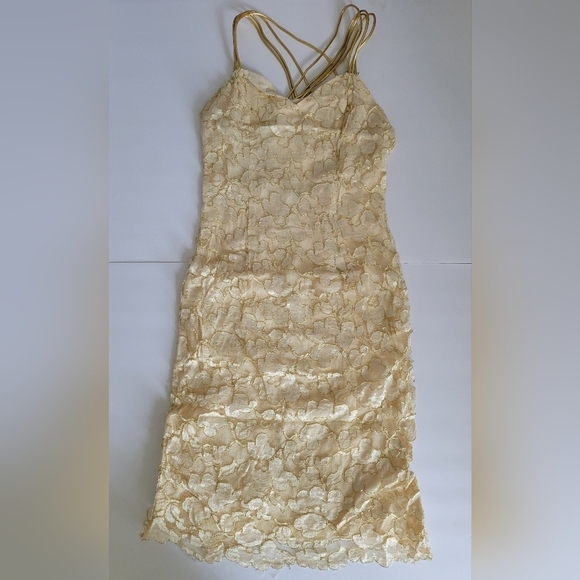 Vintage Champagne lace and beaded sweetheart neckline gold cross back midi dress - Picture 1 of 12